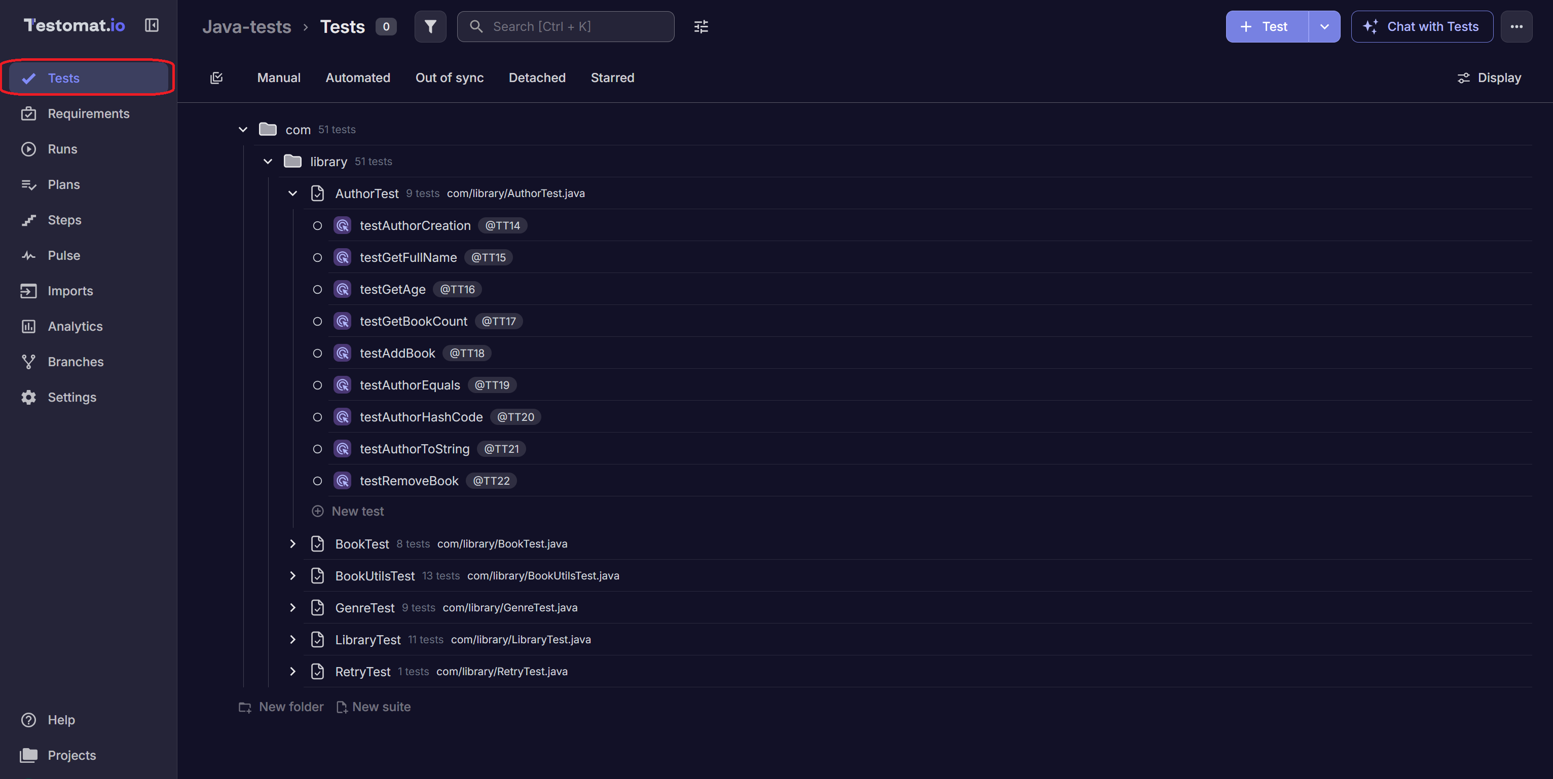 Testomat.io - View imported Java tests